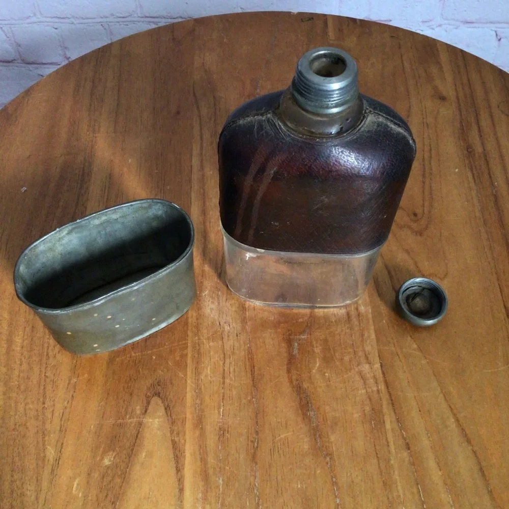Antique 1860’s Civil War Era Leather Glass Pewter Hip Flask With Removable Cup